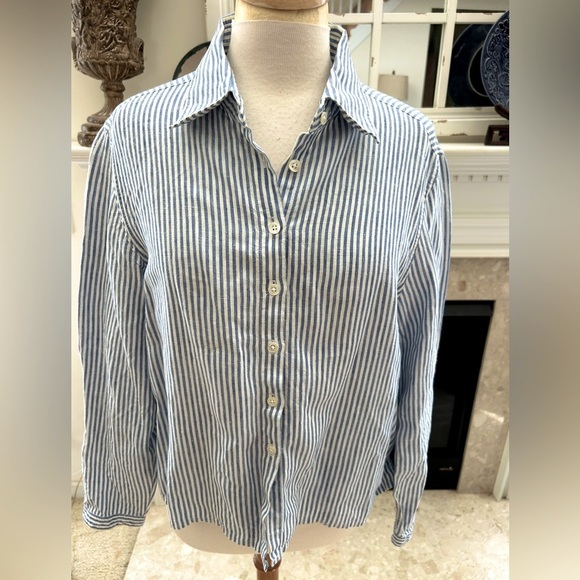 Boden Blue and White Striped Cropped Linen Shirt - Picture 6 of 7